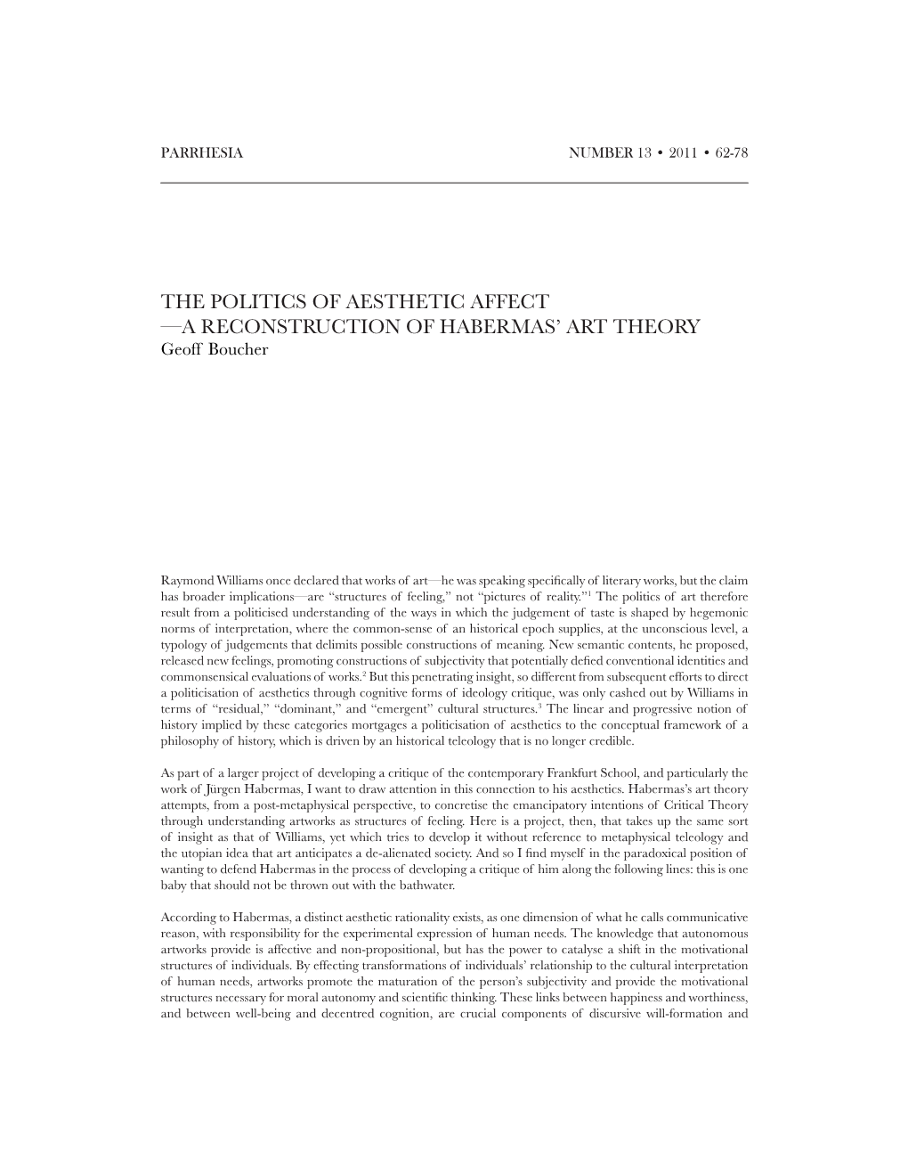 The Politics of Aesthetic Affect —A Reconstruction of Habermas' Art