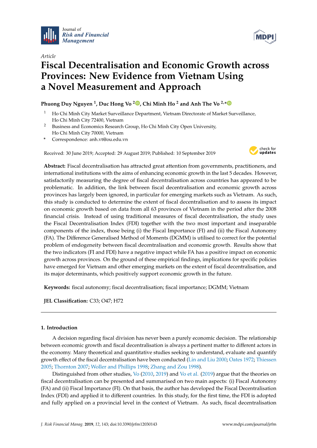 Fiscal Decentralisation and Economic Growth Across Provinces: New Evidence from Vietnam Using a Novel Measurement and Approach