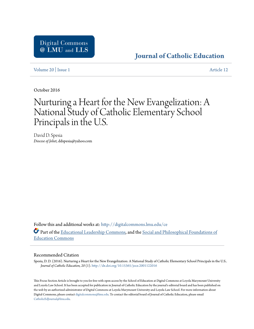 Nurturing a Heart for the New Evangelization: a National Study of Catholic Elementary School Principals in the U.S