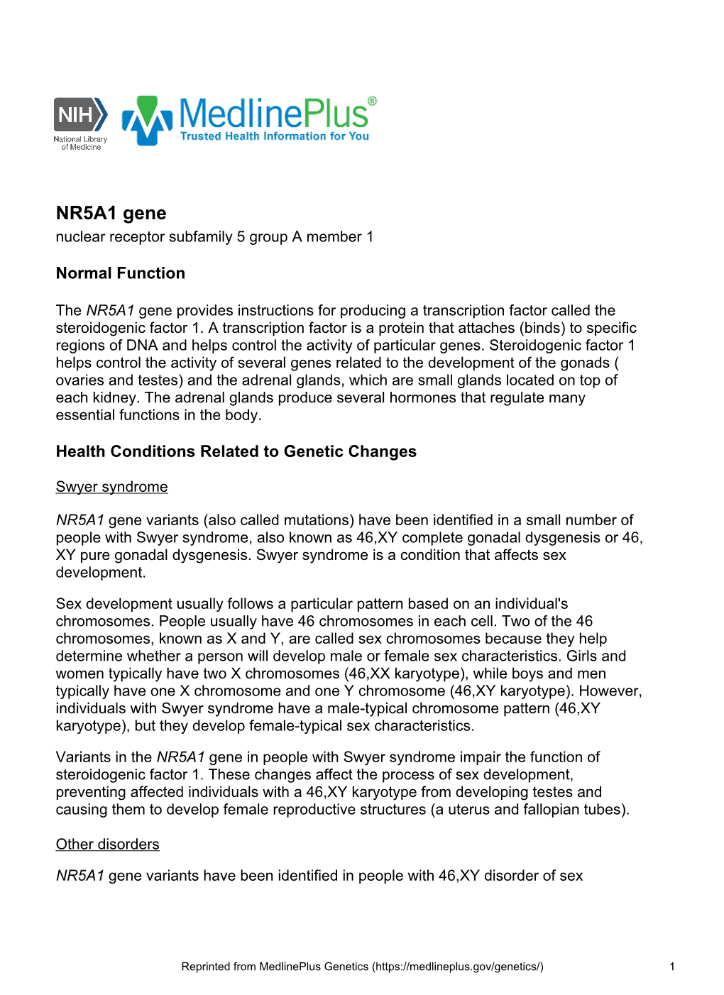 NR5A1 Gene Nuclear Receptor Subfamily 5 Group a Member 1