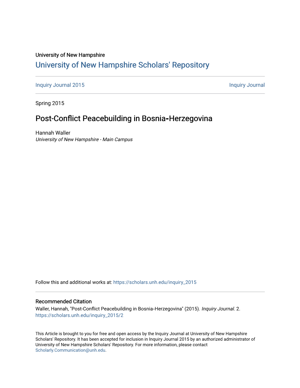 Post-Conflict Peacebuilding in Bosnia‐Herzegovina" (2015)