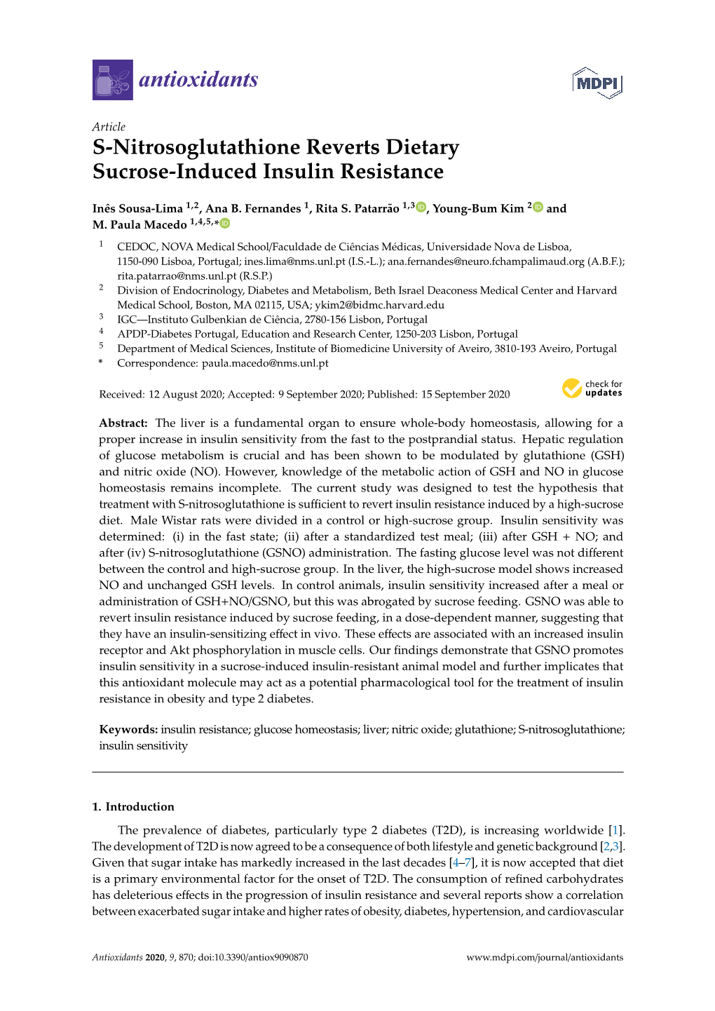 S-Nitrosoglutathione Reverts Dietary Sucrose-Induced Insulin Resistance