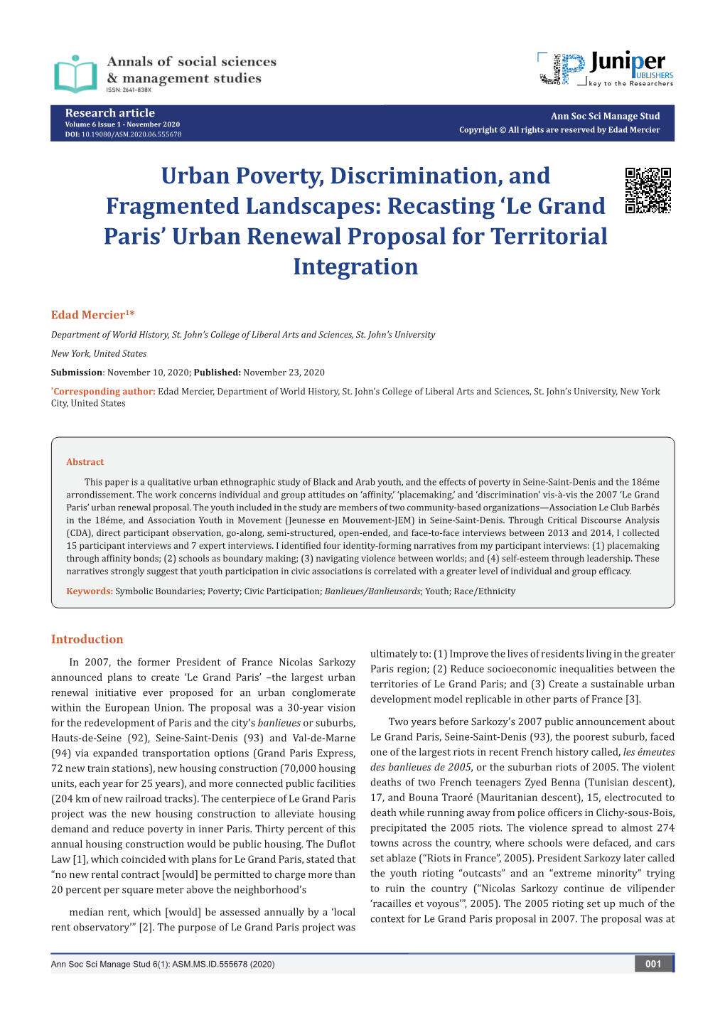 Urban Poverty, Discrimination, and Fragmented Landscapes: Recasting 'Le Grand Paris' Urban Renewal Proposal for Territorial