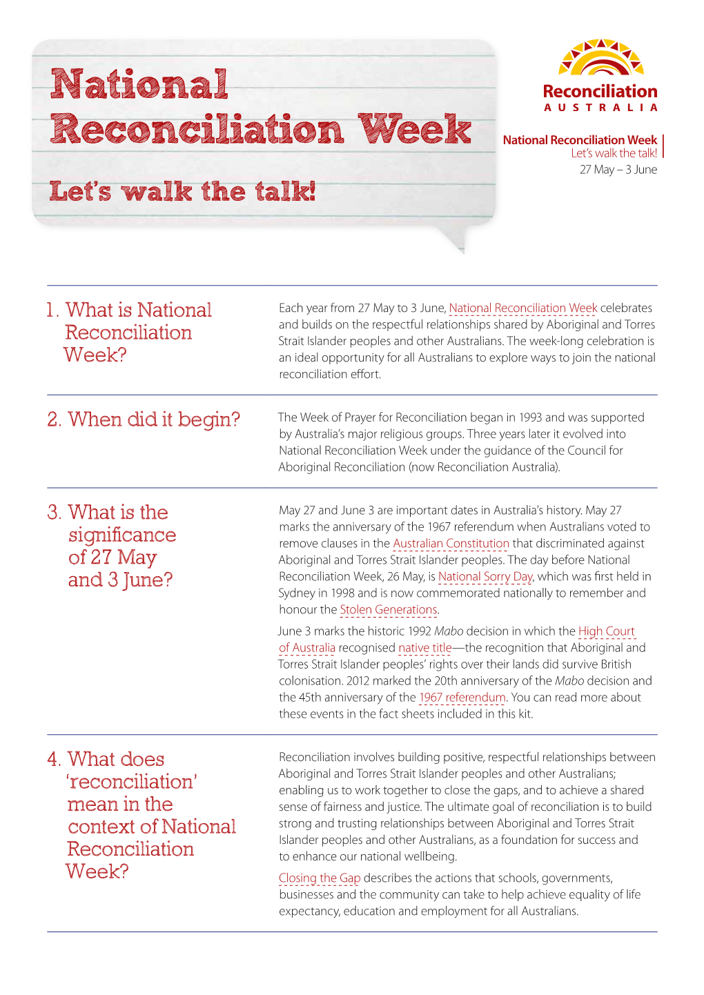 National Reconciliation Week Let’S Walk the Talk! 27 May – 3 June Let’S Walk the Talk!