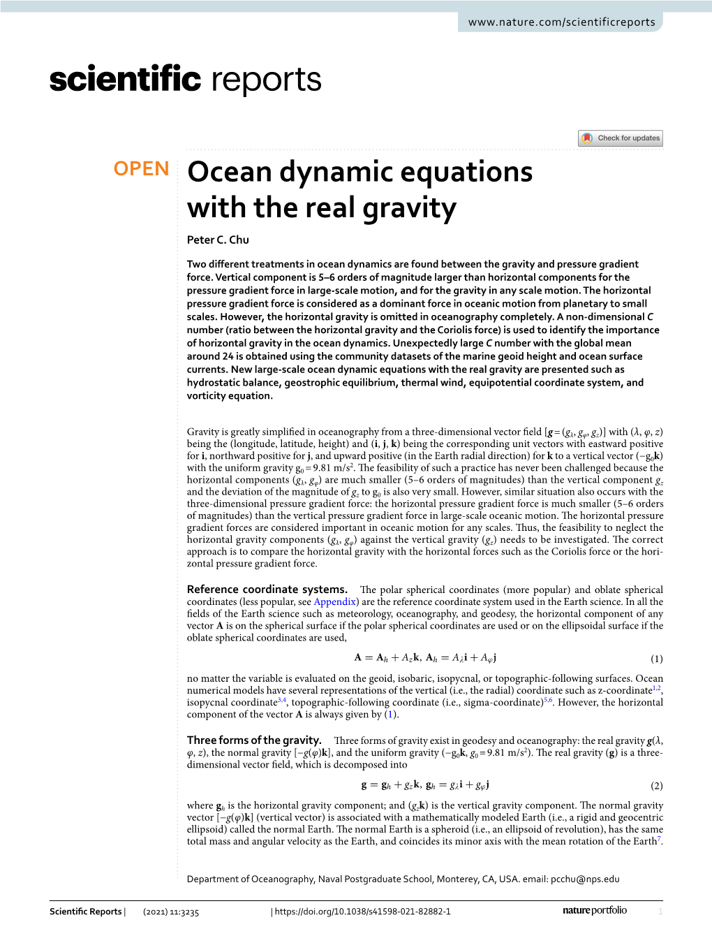 Ocean Dynamic Equations with the Real Gravity Peter C