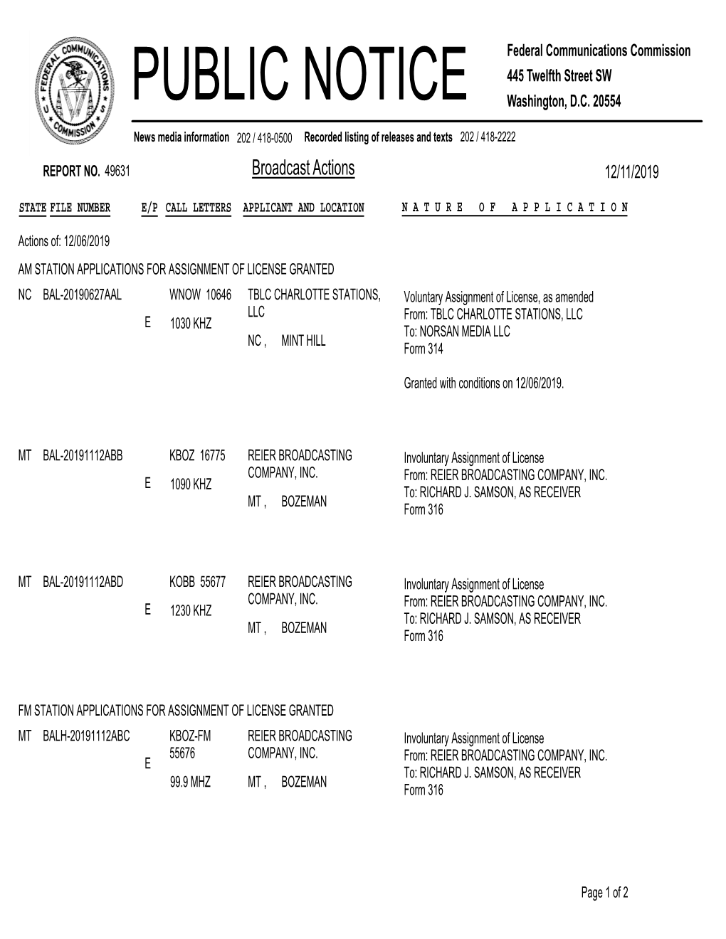 Broadcast Actions 12/11/2019