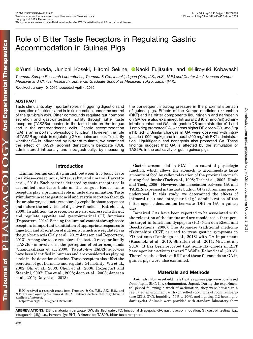 Role of Bitter Taste Receptors in Regulating Gastric Accommodation in Guinea Pigs