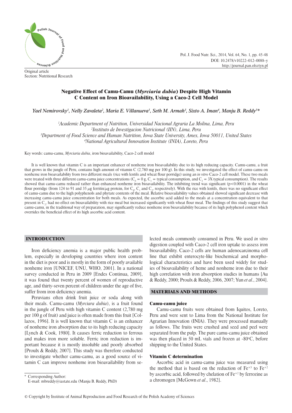 Myrciaria Dubia) Despite High Vitamin C Content on Iron Bioavailability, Using a Caco-2 Cell Model