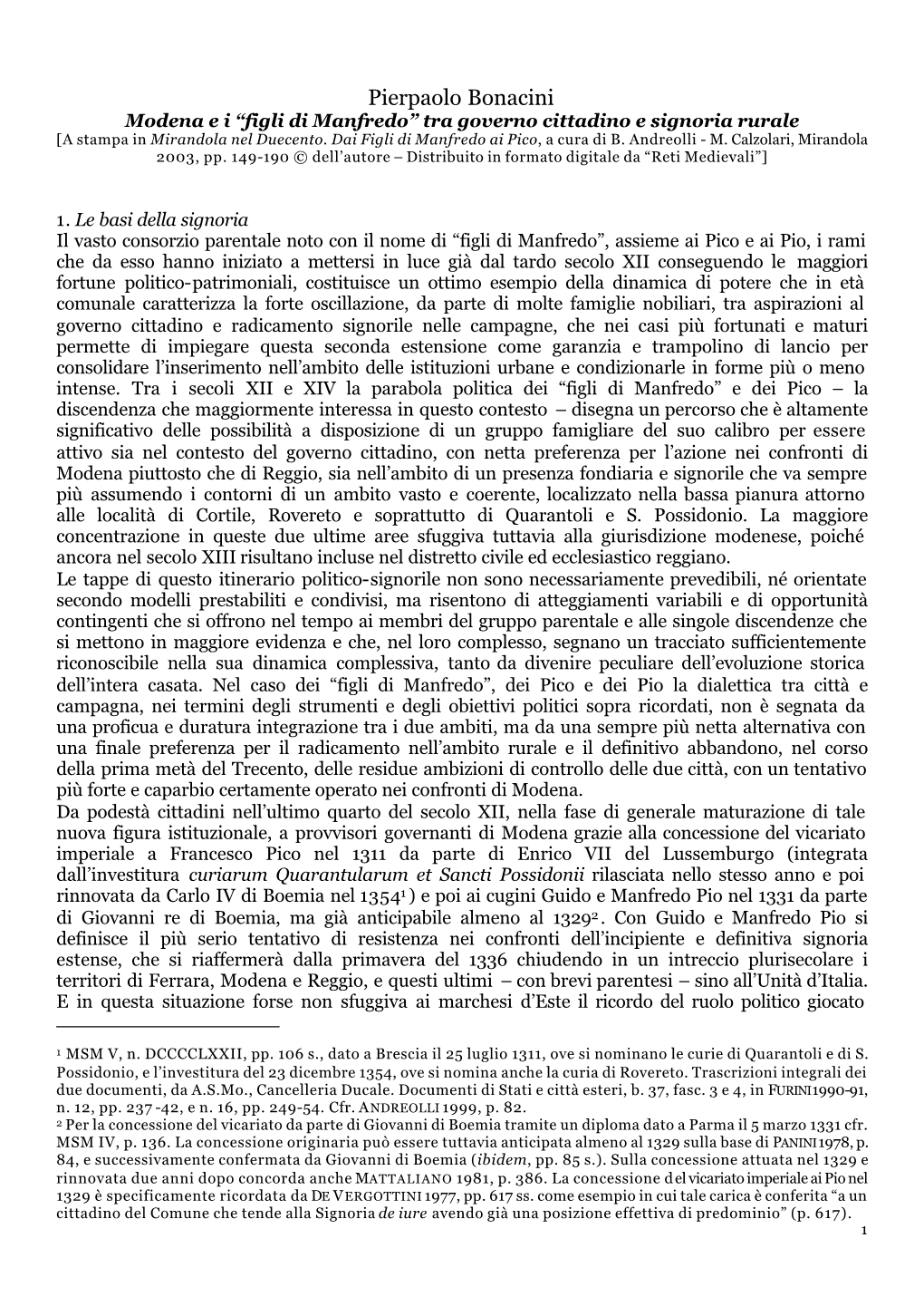 Pierpaolo Bonacini Modena E I “Figli Di Manfredo” Tra Governo Cittadino E Signoria Rurale [A Stampa in Mirandola Nel Duecento