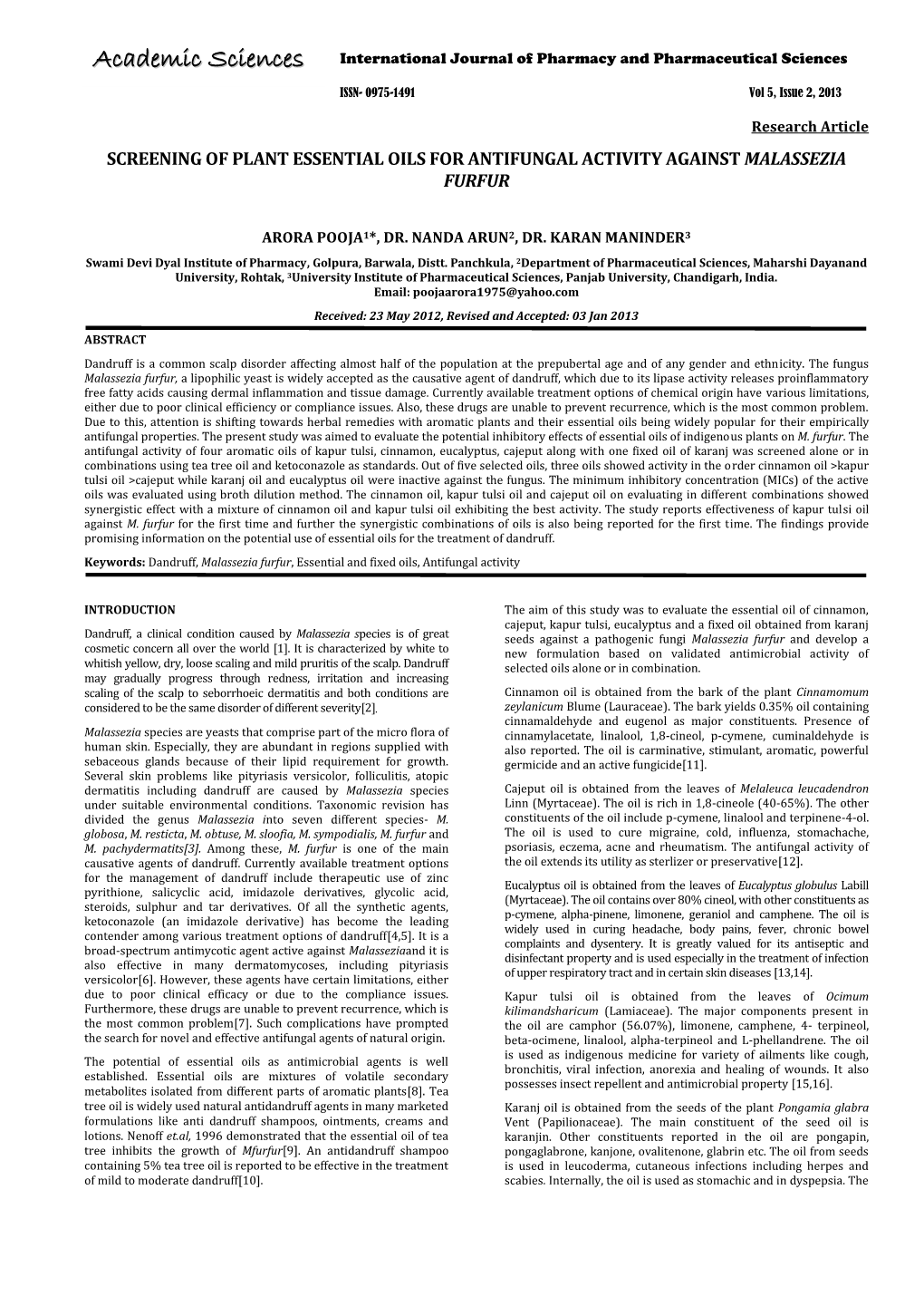 Screening of Plant Essential Oils for Antifungal Activity Against Malassezia Furfur