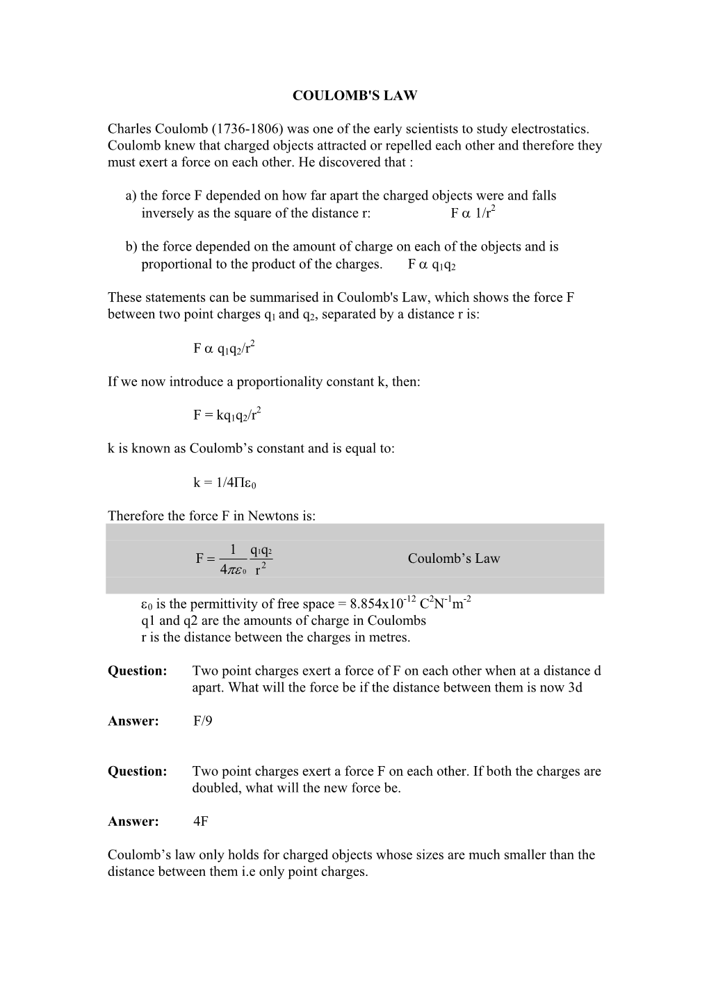 COULOMB's LAW Charles Coulomb