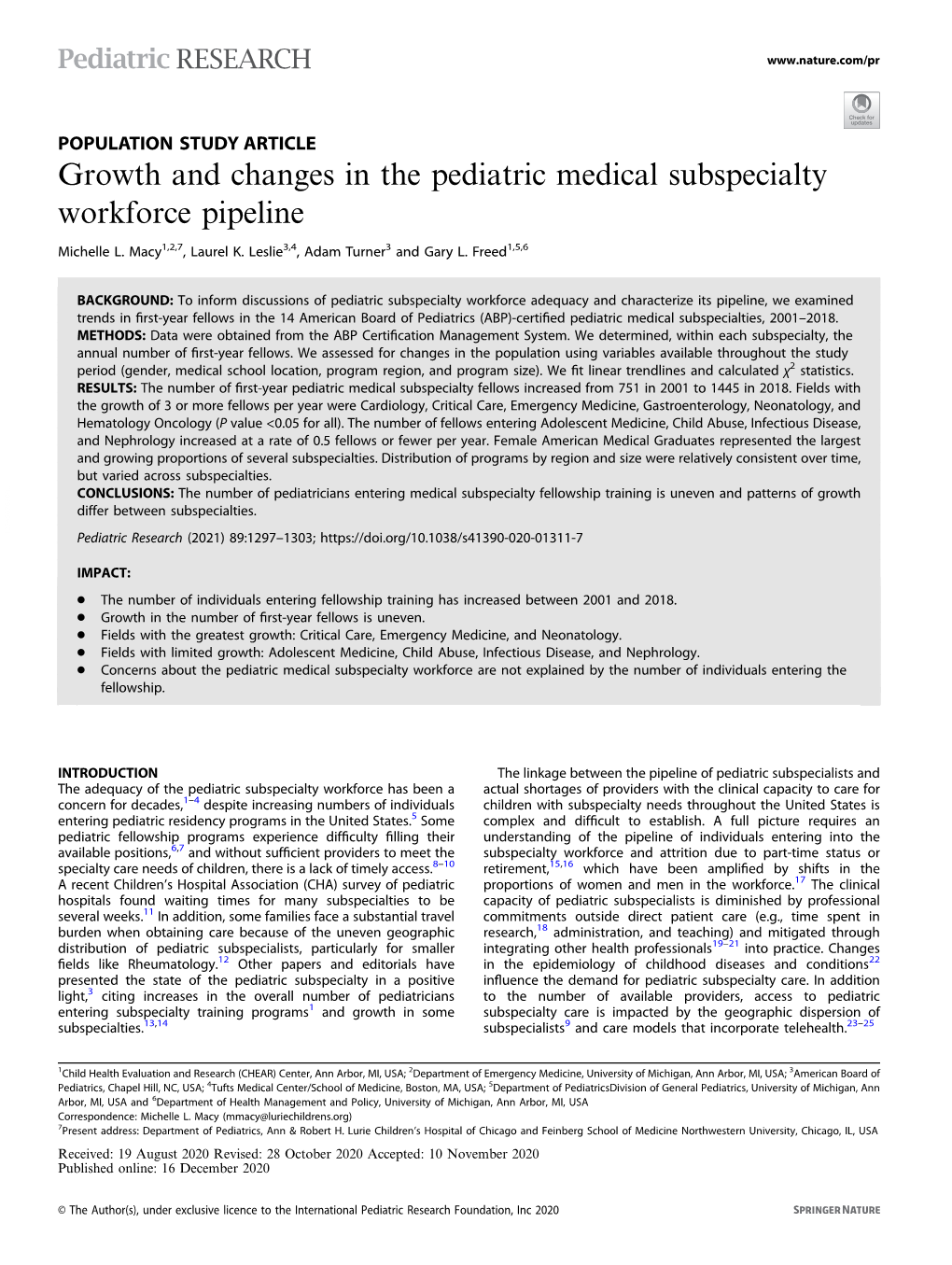 Growth and Changes in the Pediatric Medical Subspecialty Workforce Pipeline