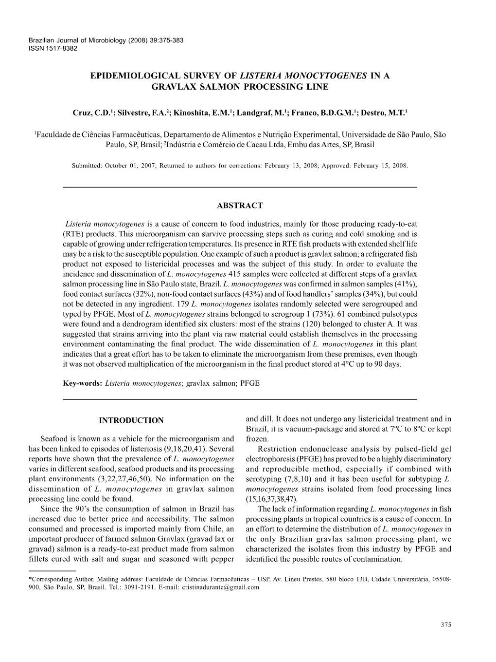 Epidemiological Survey of Listeria Monocytogenes in a Gravlax Salmon Processing Line