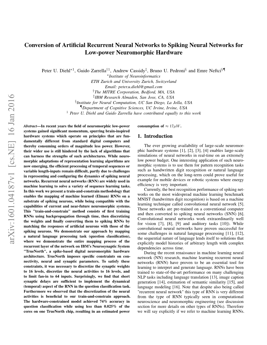 Cs.NE] 16 Jan 2016 Explicitly Model Histories of Arbitrary Length with Complex Recurrent Layer of the Network on IBM’S Neurosynaptic System Dependencies Across Time