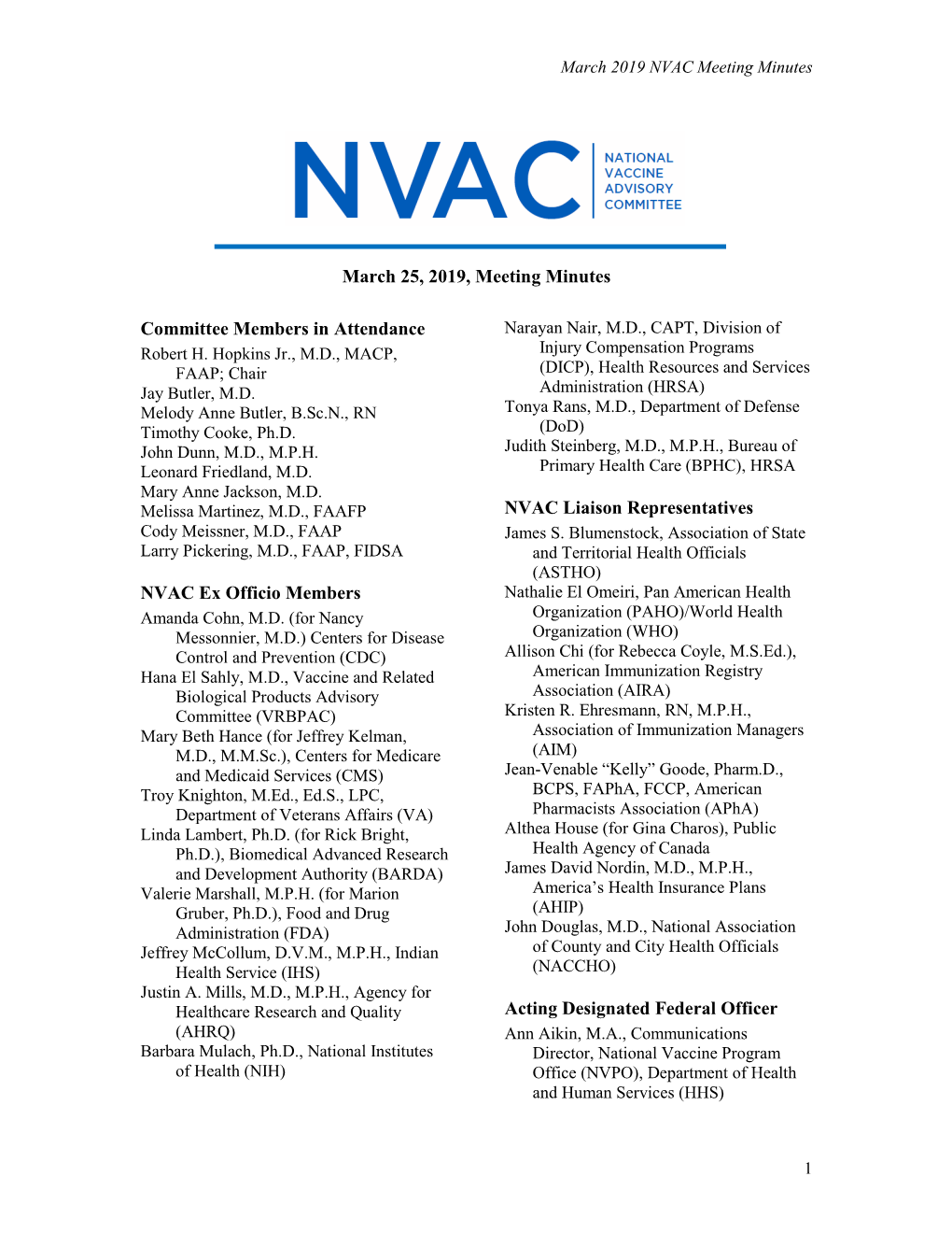 NVAC March 25, 2019, Meeting Minutes