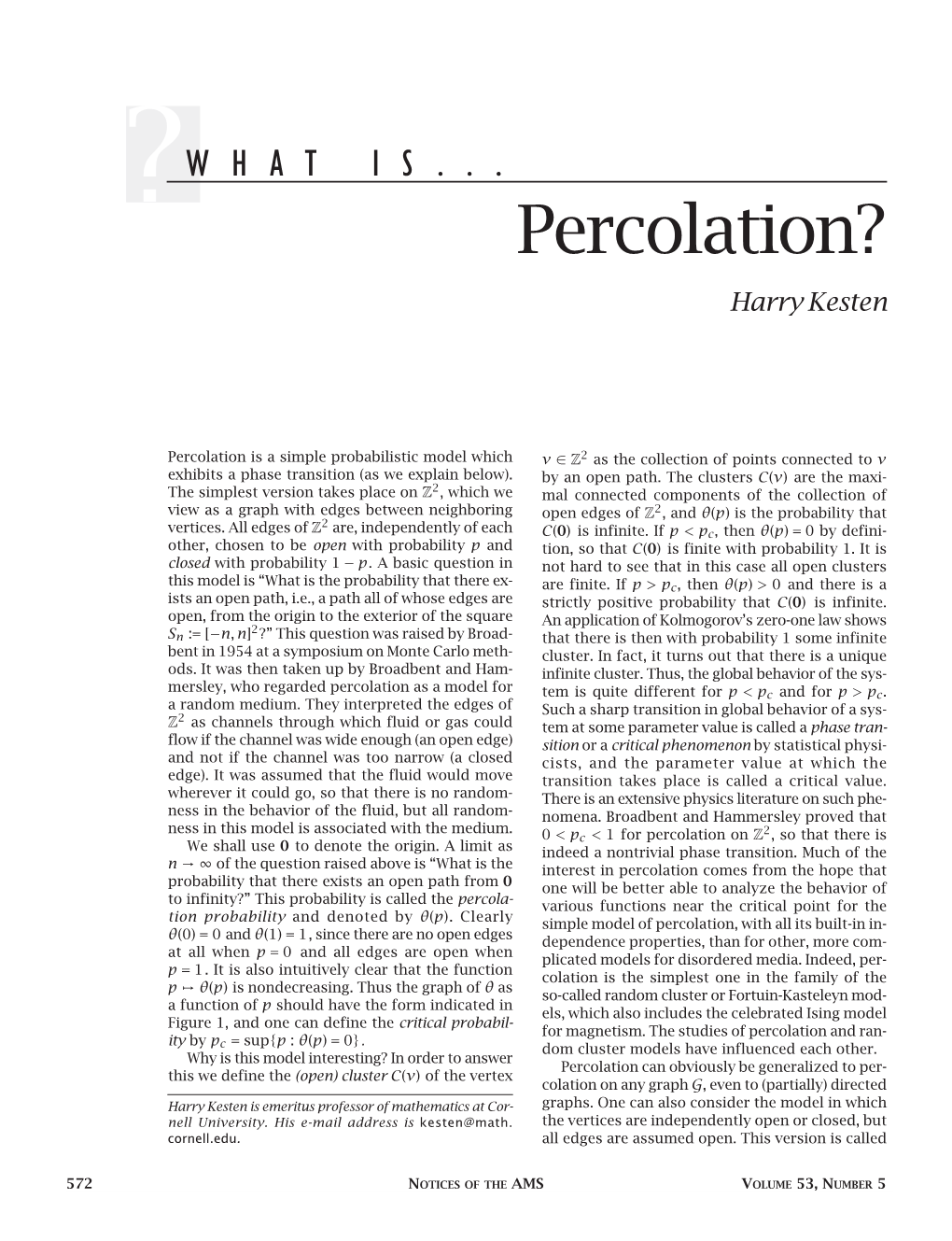 What Is...Percolation?, Volume 53, Number 5