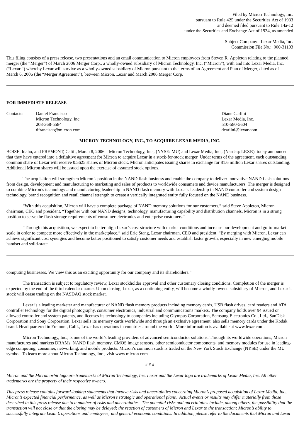 Filed by Micron Technology, Inc. Pursuant to Rule 425 Under the Securities Act of 1933 and Deemed Filed Pursuant to Rule 14A-12