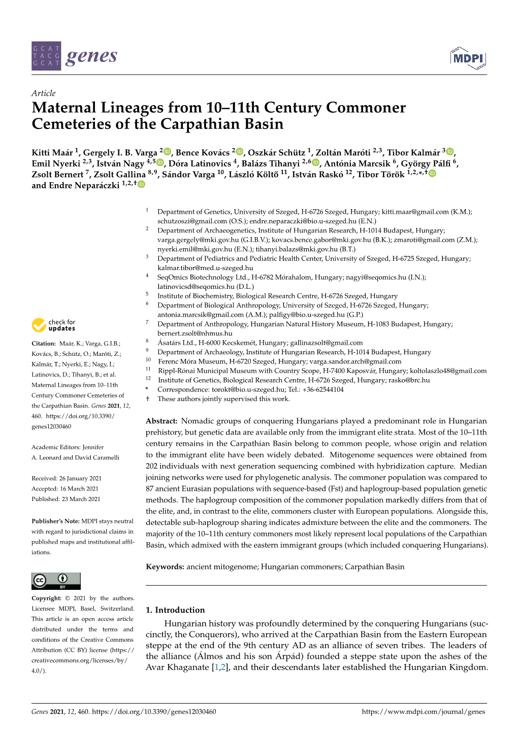 Maternal Lineages from 10–11Th Century Commoner Cemeteries of the Carpathian Basin