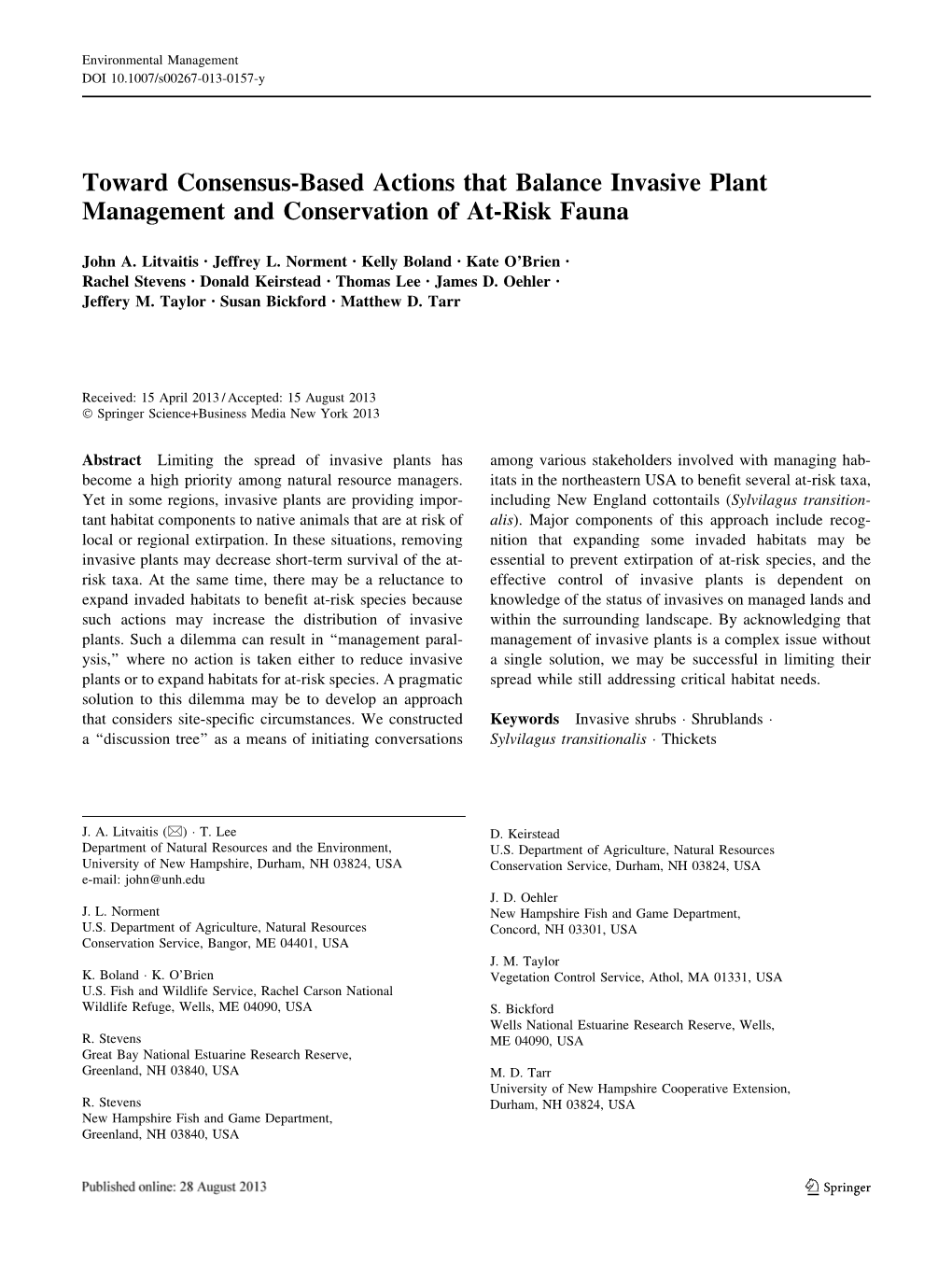 Toward Consensus-Based Actions That Balance Invasive Plant Management and Conservation of At-Risk Fauna