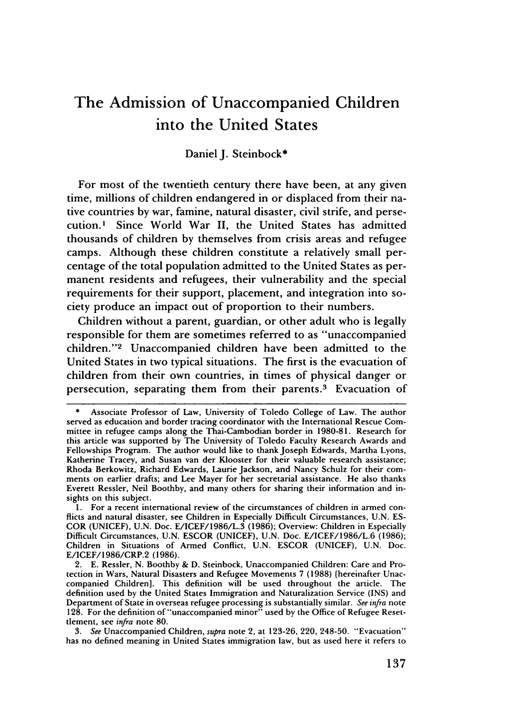 The Admission of Unaccompanied Children Into the United States