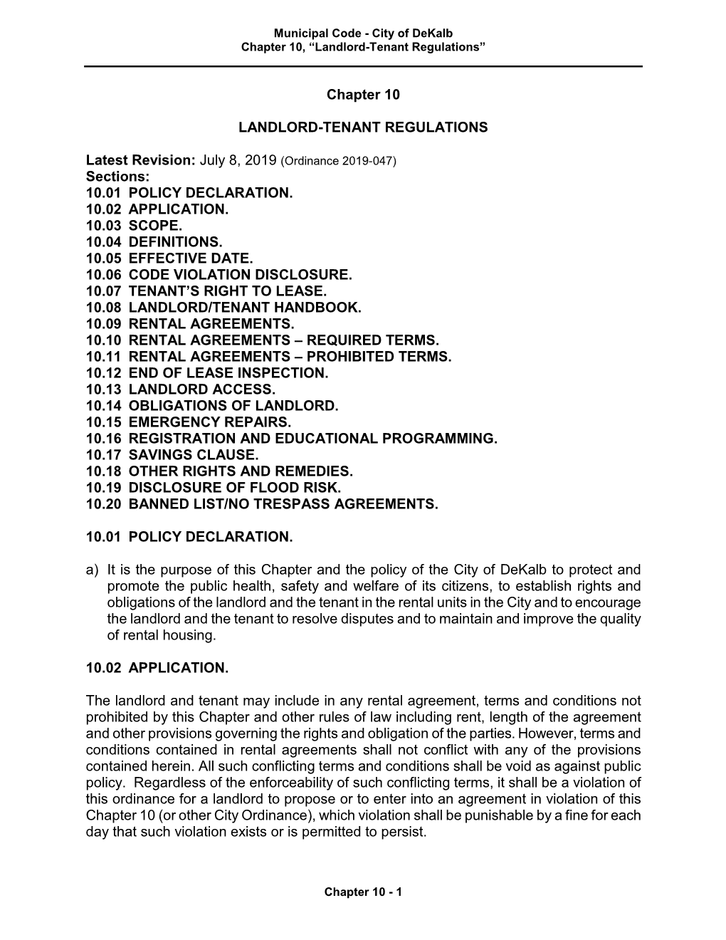 Chapter 10 LANDLORD-TENANT REGULATIONS Sections