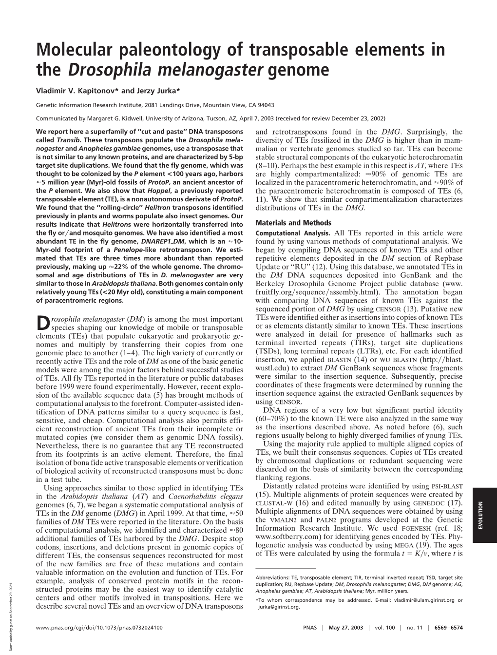 Molecular Paleontology of Transposable Elements in the Drosophila Melanogaster Genome