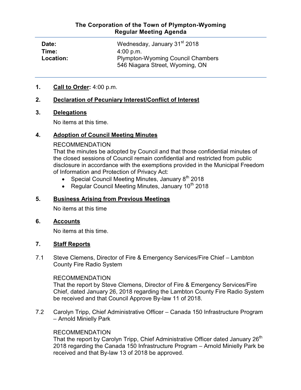 The Corporation of the Town of Plympton-Wyoming Regular Meeting Agenda