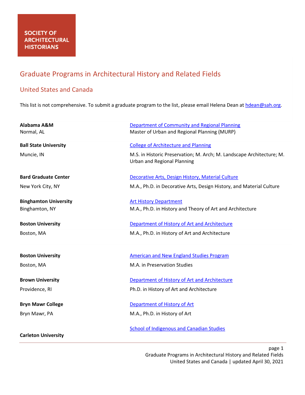 Graduate Programs in Architectural History and Related Fields