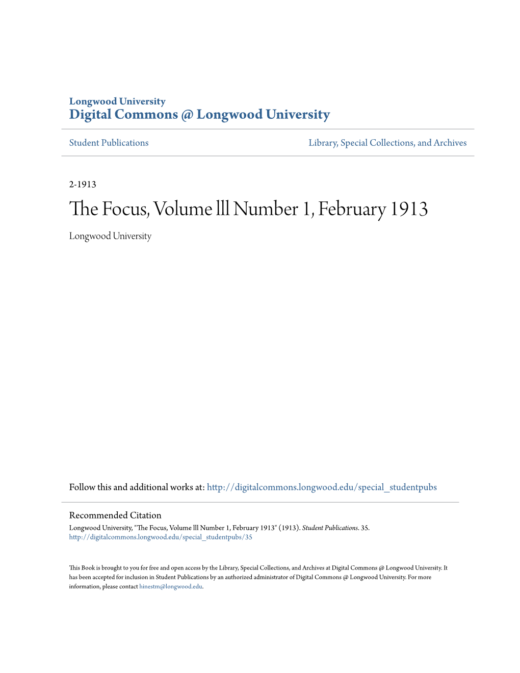 The Focus, Volume Lll Number 1, February 1913