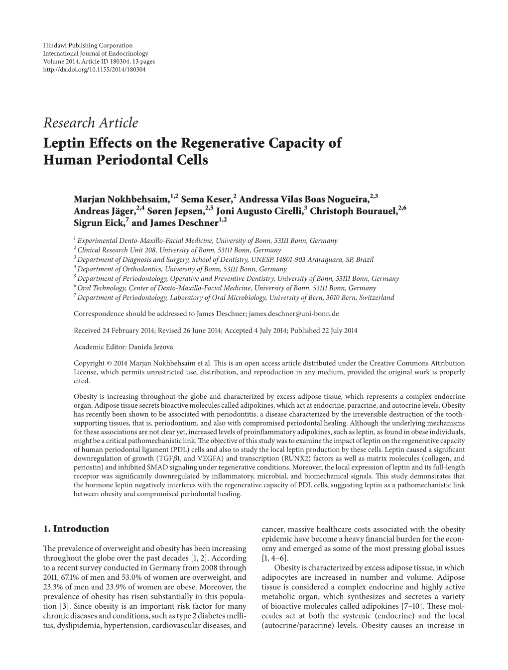 Research Article Leptin Effects on the Regenerative Capacity of Human Periodontal Cells