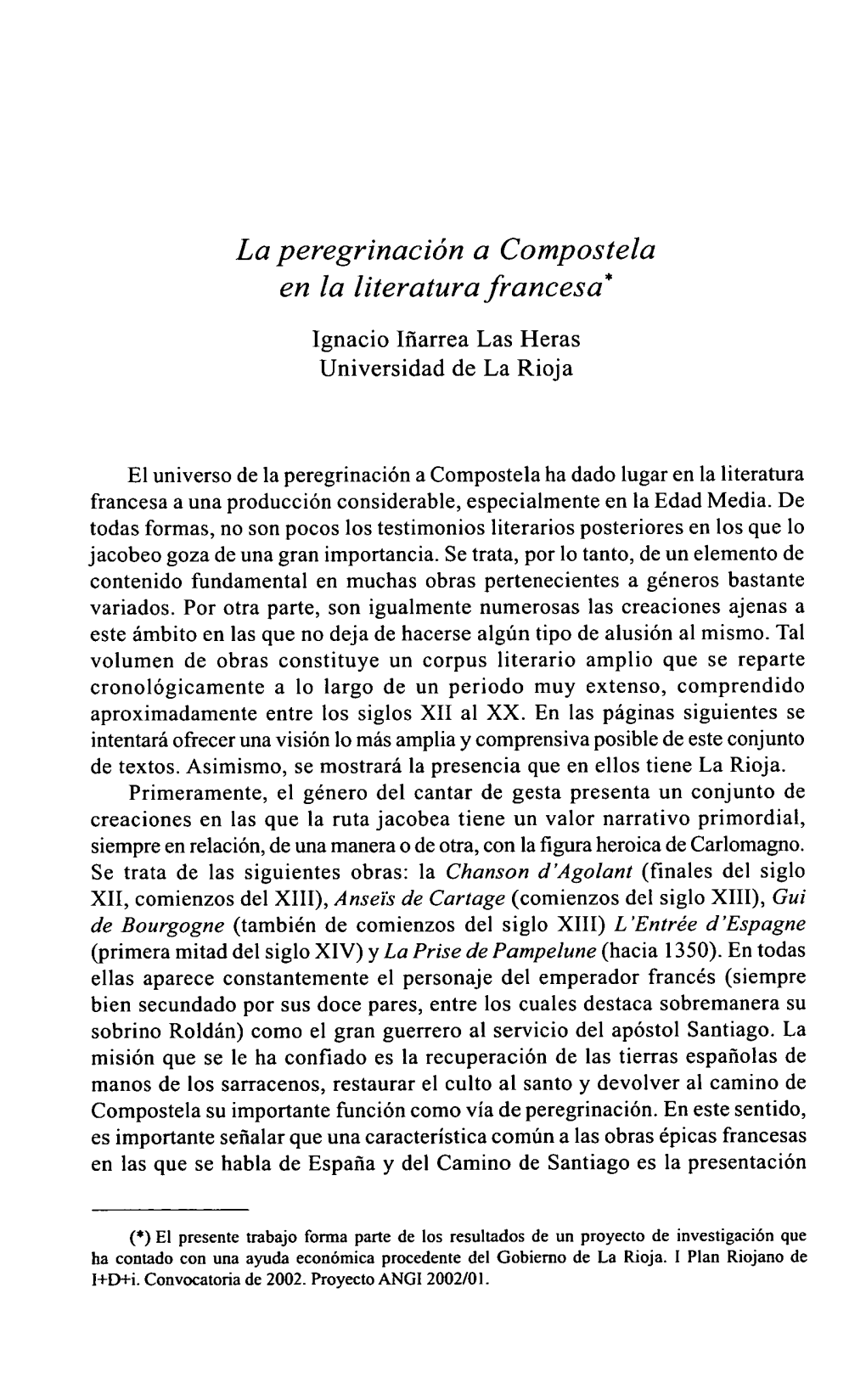 La Peregrinación a Compostela En La Literatura Francesa* Ignacio Iriarrea Las Heras Universidad De La Rioja