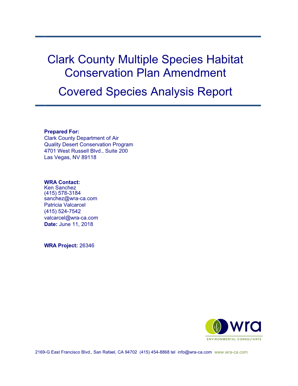 Clark County Multiple Species Habitat Conservation Plan Amendment Covered Species Analysis Report