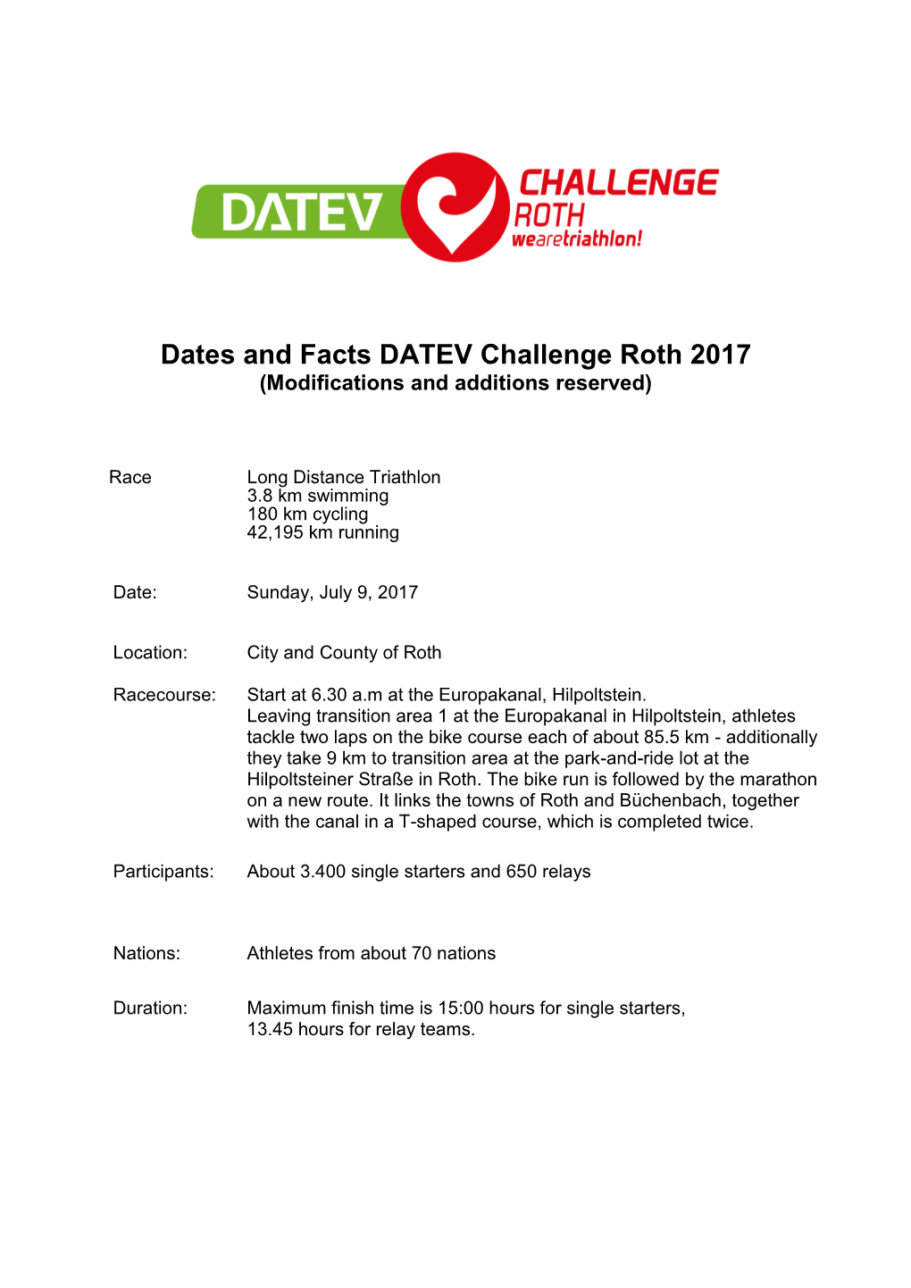 Dates and Facts DATEV Challenge Roth 2017 (Modifications and Additions Reserved)