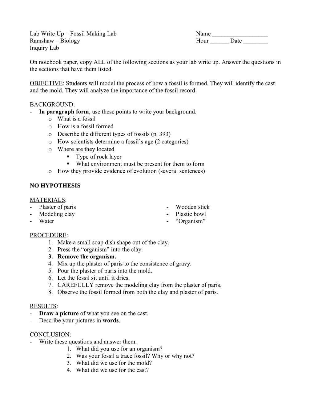 Lab Write up Fossil Making Lab