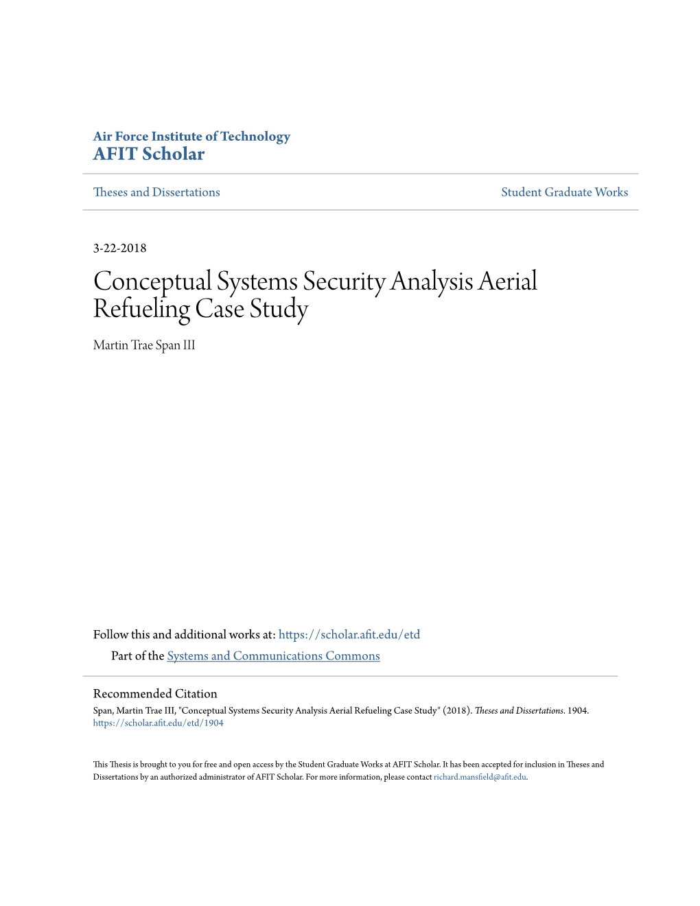 Conceptual Systems Security Analysis Aerial Refueling Case Study Martin Trae Span III