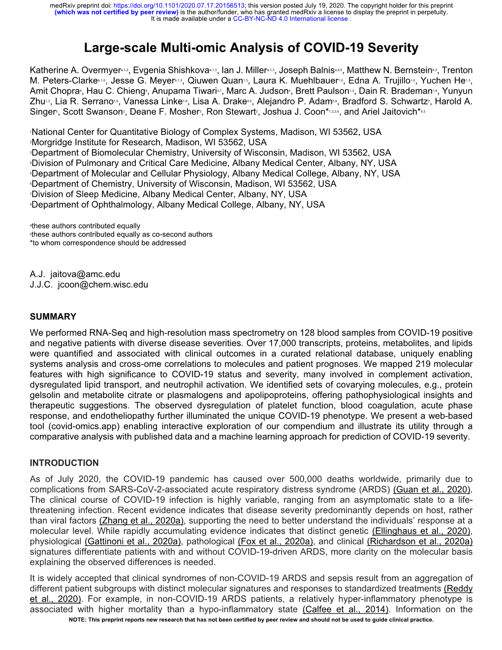 Large-Scale Multi-Omic Analysis of COVID-19 Severity