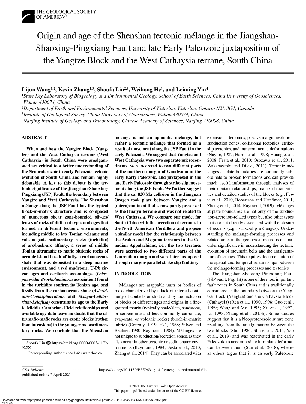 Shaoxing-Pingxiang Fault and Late Early Paleozoic Juxtaposition of the Yangtze Block and the West Cathaysia Terrane, South China