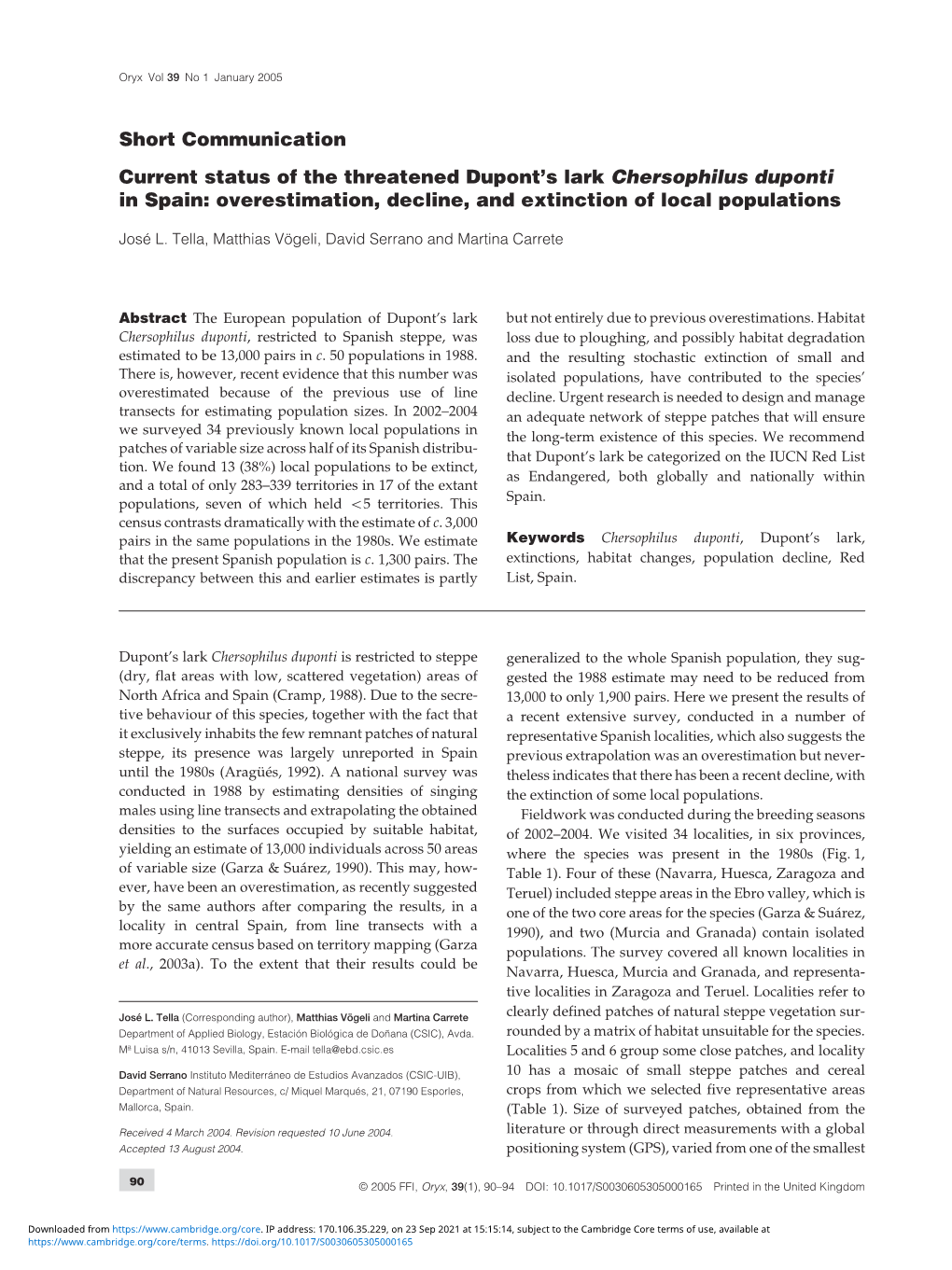 Current Status of the Threatened Dupont's Lark Chersophilus Duponti in Spain: Overestimation, Decline, and Extinction Of