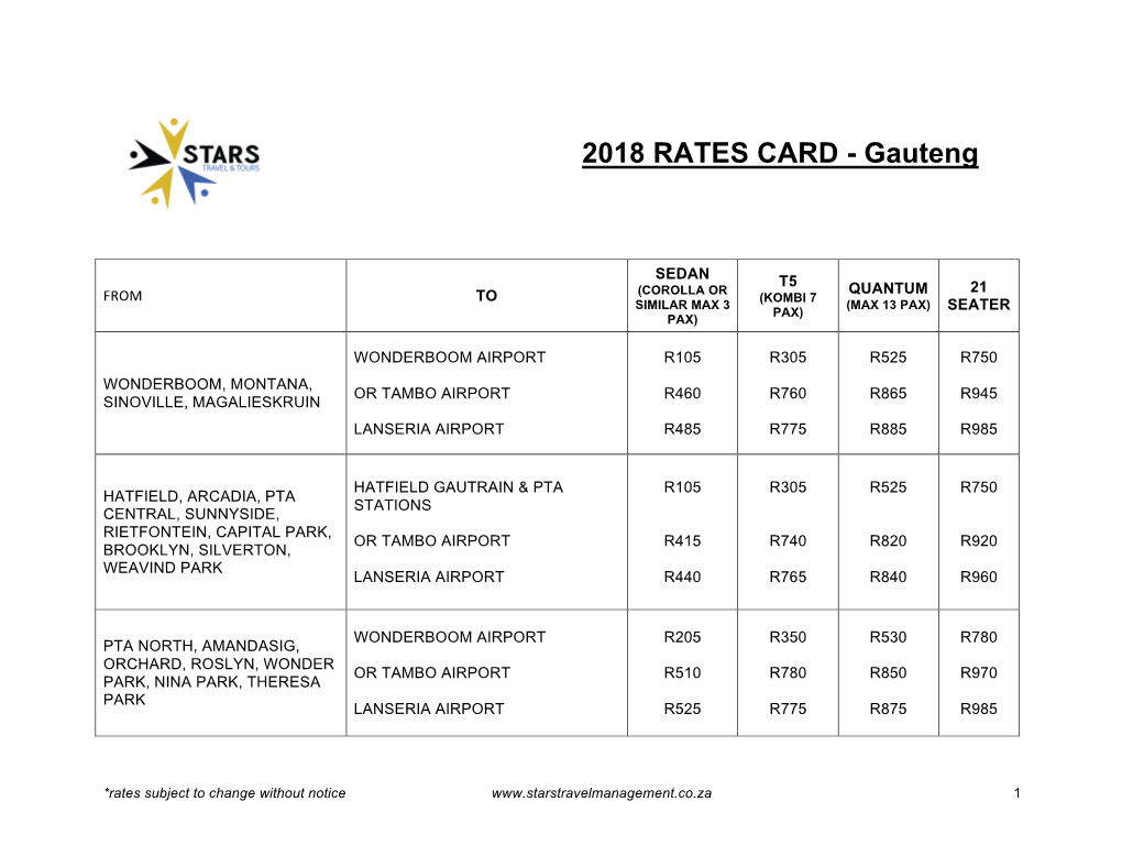 2018 RATES CARD - Gauteng