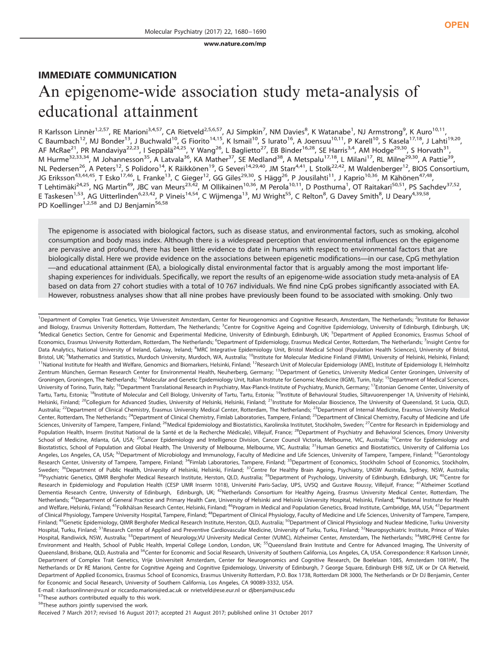 An Epigenome-Wide Association Study Meta-Analysis of Educational Attainment