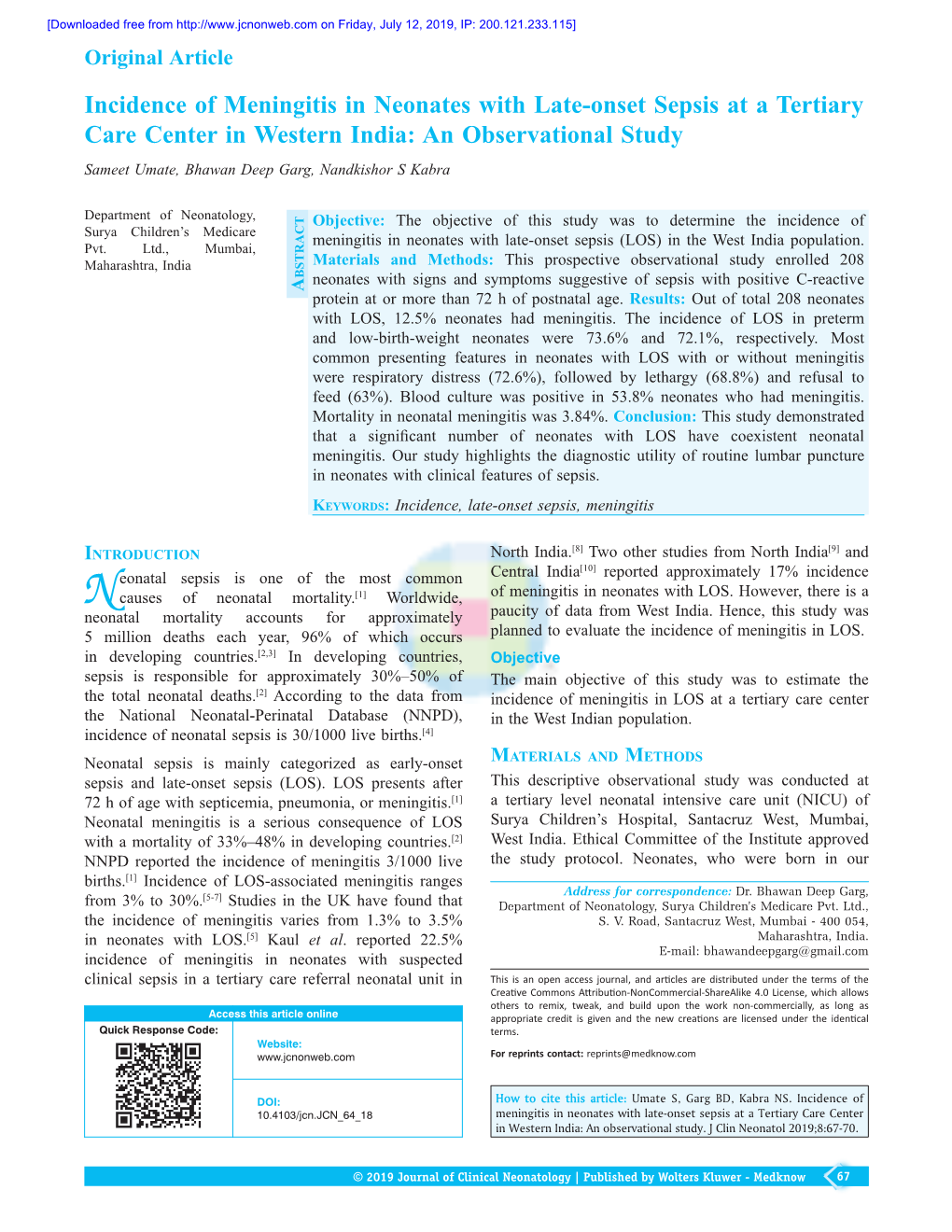 Incidence of Meningitis in Neonates with Late‑Onset Sepsis at a Tertiary