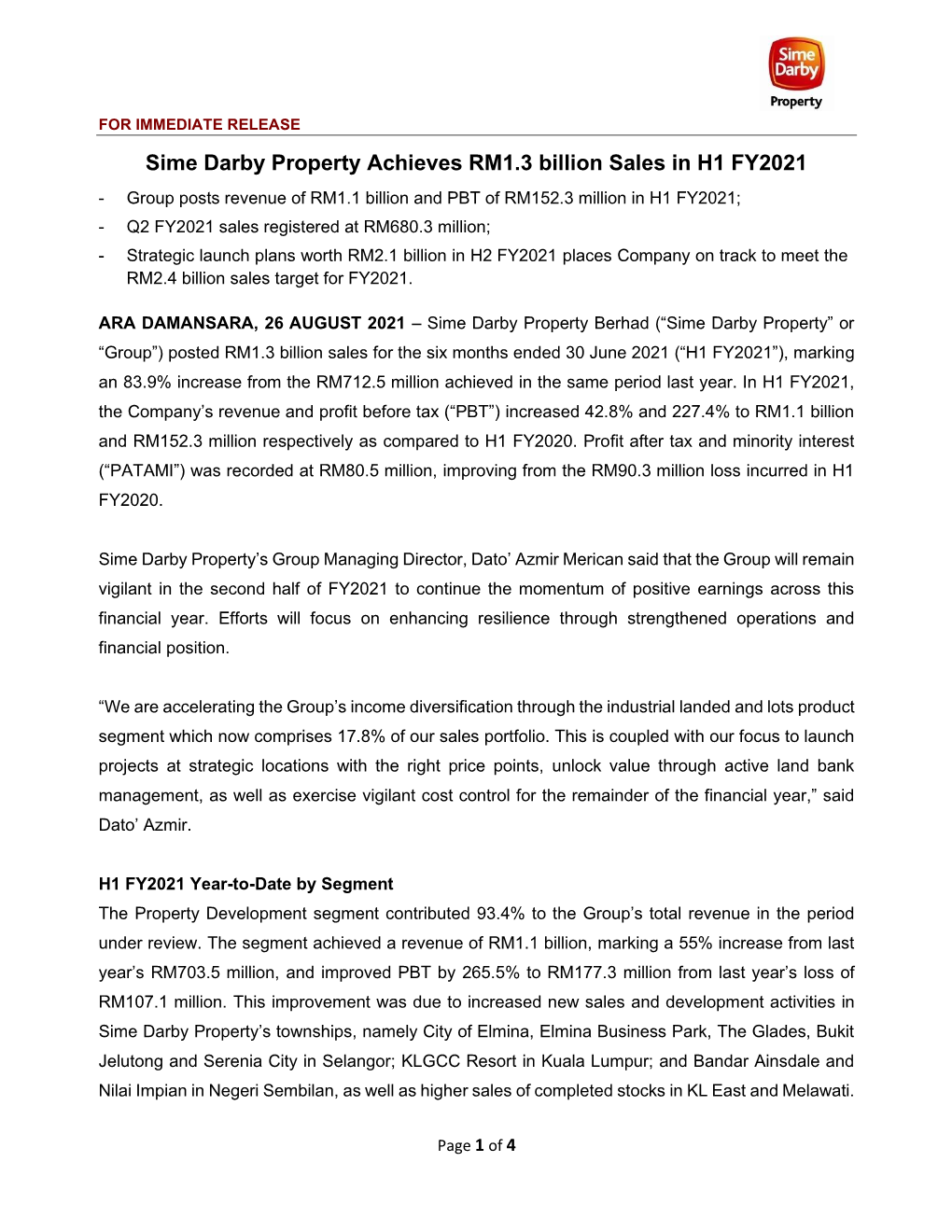 Sime Darby Property Achieves RM1.3 Billion Sales in H1 FY2021