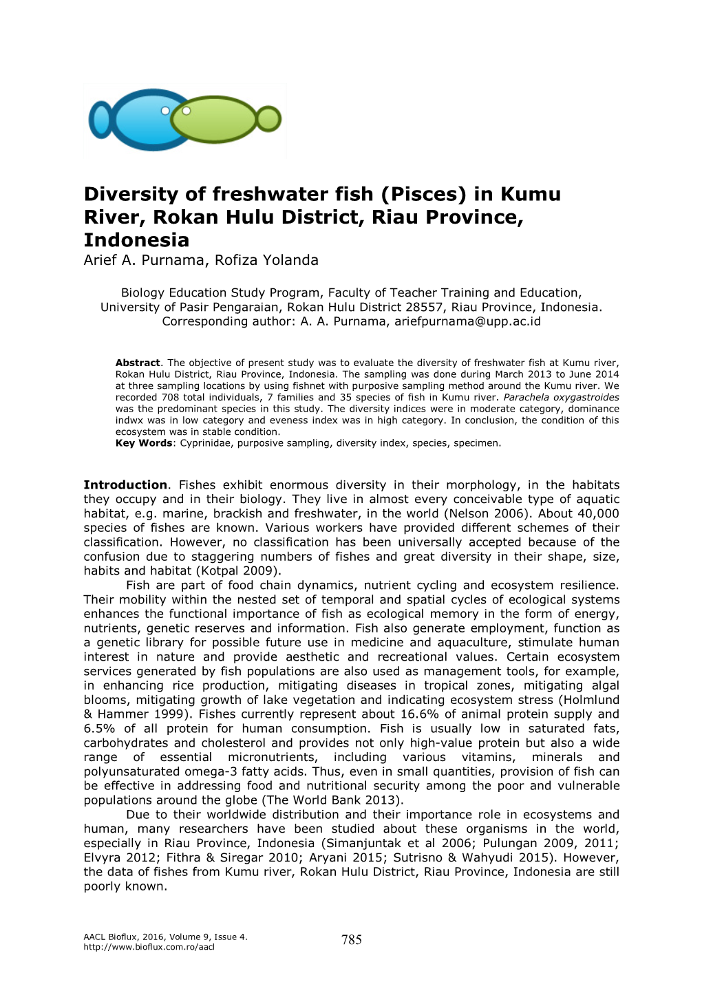 Diversity of Freshwater Fish (Pisces) in Kumu River, Rokan Hulu District, Riau Province, Indonesia Arief A