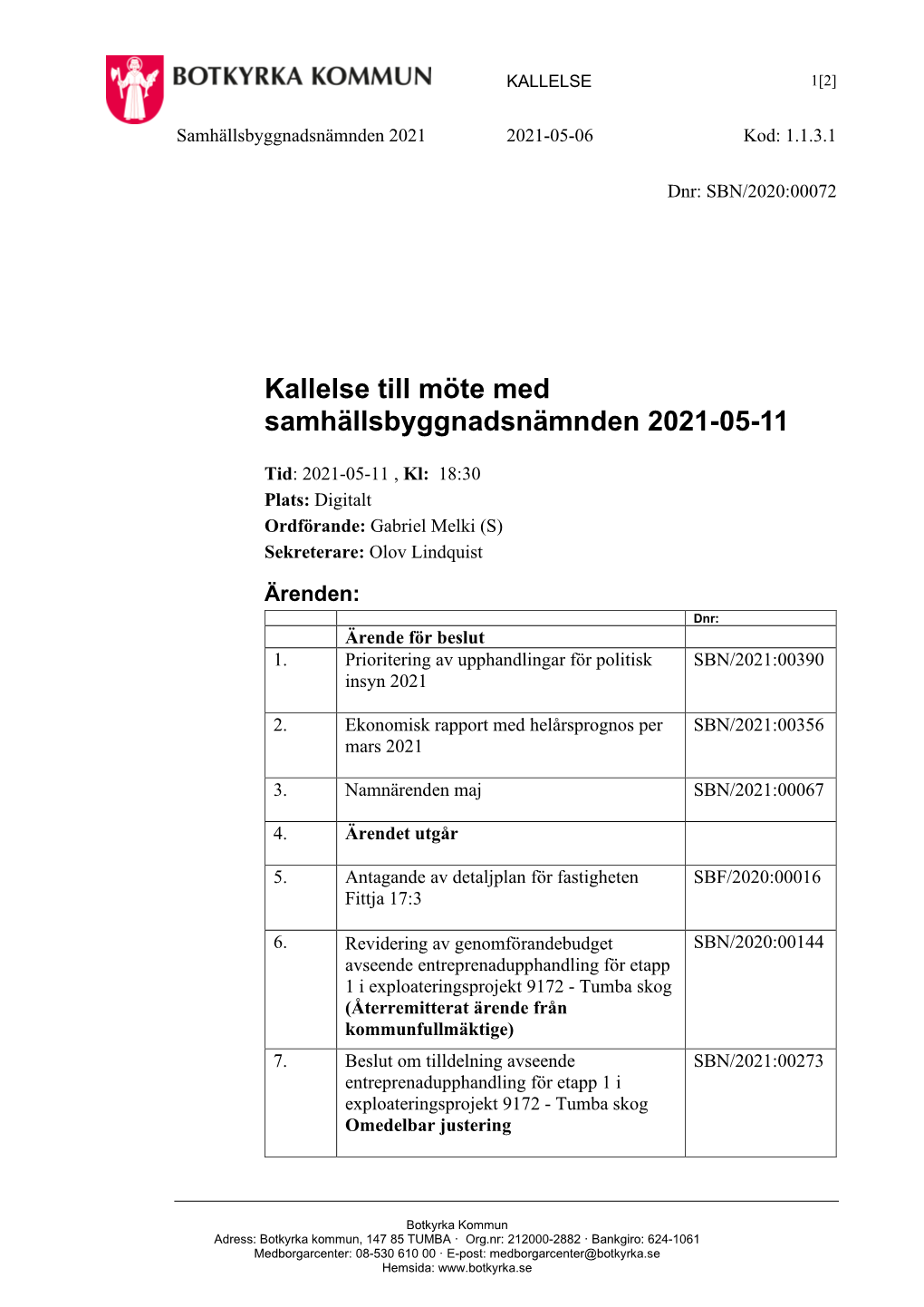 Kallelse Till Möte Med Samhällsbyggnadsnämnden 2021-05-11