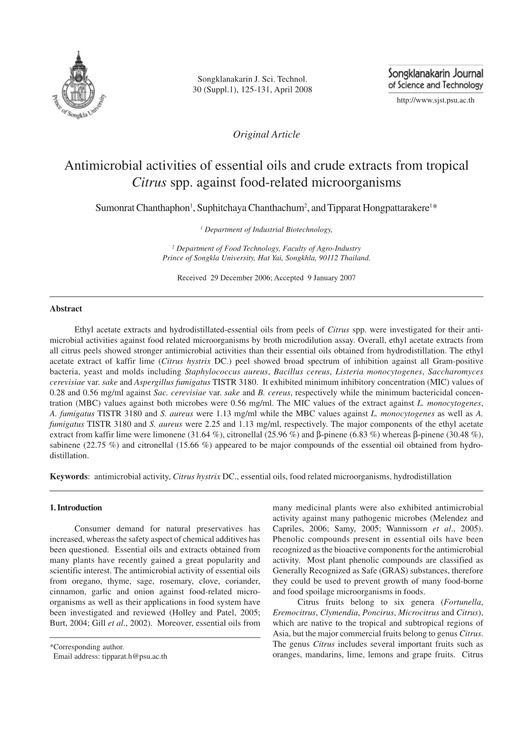 Antimicrobial Activities of Essential Oils and Crude Extracts from Tropical Citrus Spp