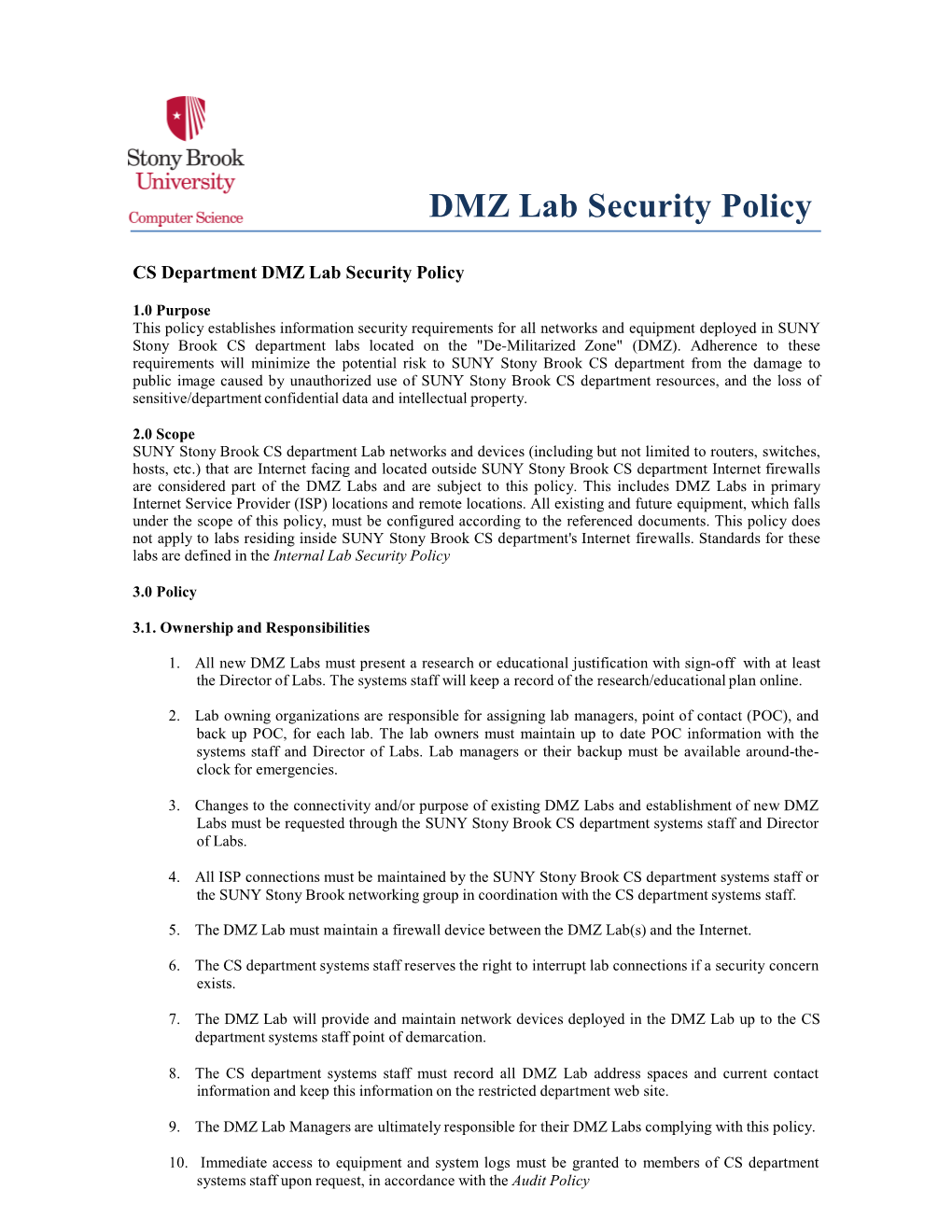 DMZ Lab Security Policy
