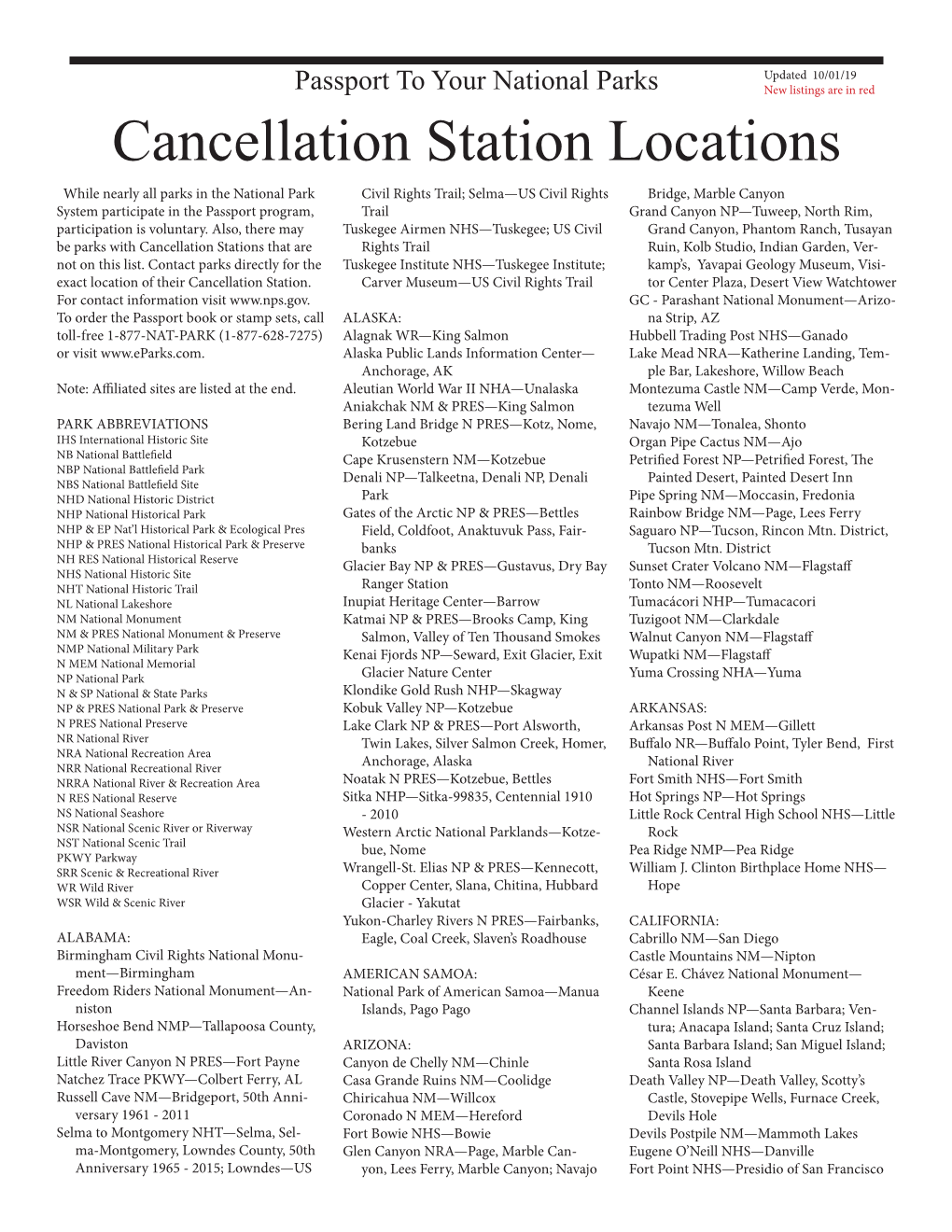 Passport to Your National Parks Cancellation Station Locations