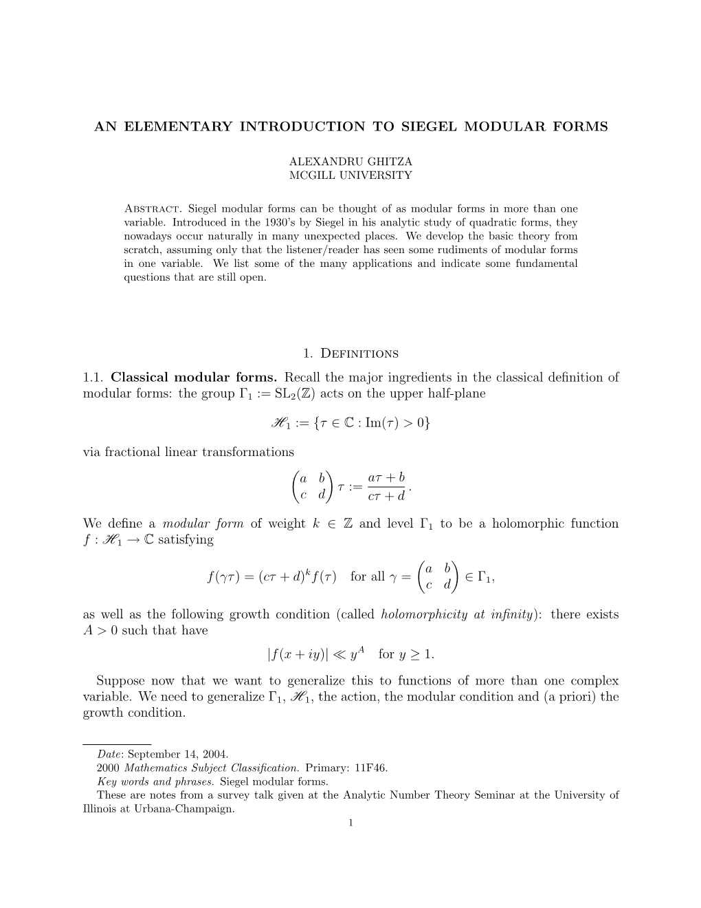 An Elementary Introduction to Siegel Modular Forms