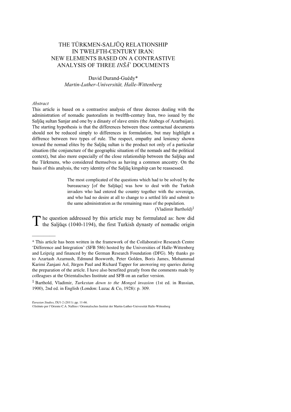 The Türkmen-Saljūq Relationship in Twelfth-Century Iran: New Elements Based on a Contrastive Analysis of Three Inšā⁾ Documents