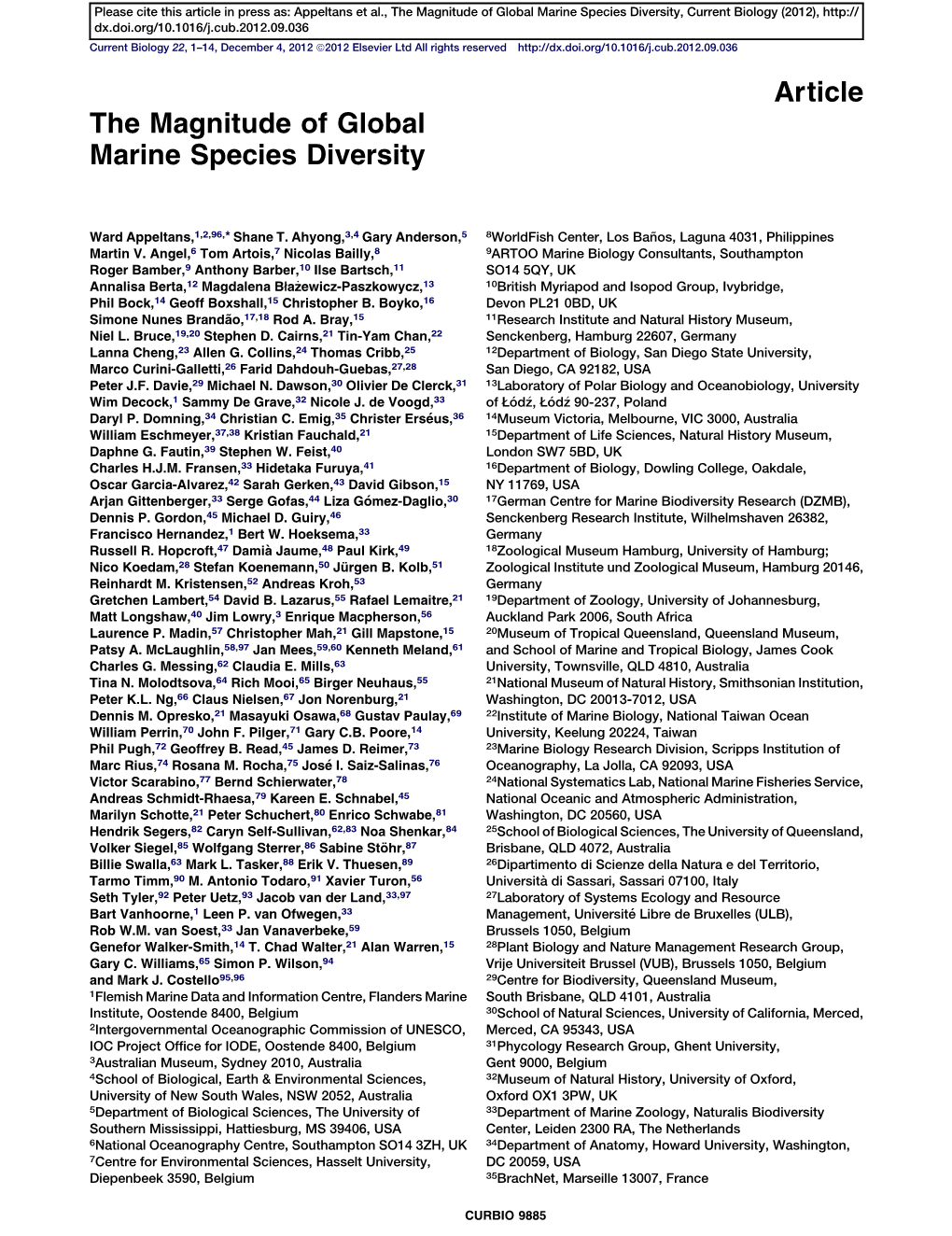 The Magnitude of Global Marine Species Diversity